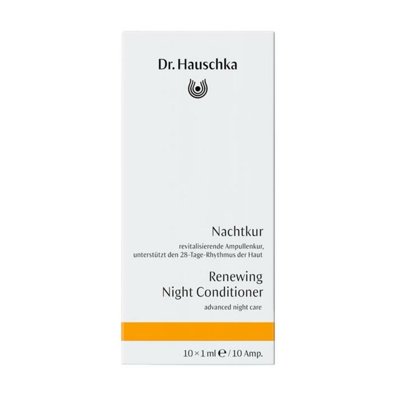 Klare Glasampulle mit Flüssigkeit. Dr. Hauschka Logo.