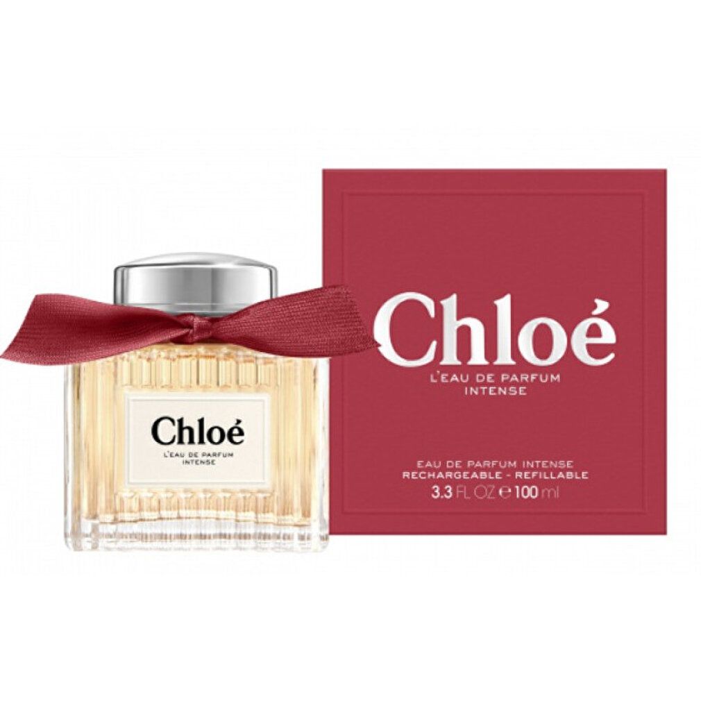 Chloé L'Eau de Parfum Intense Flakon und Box. Roter Karton mit Schriftzug. 100ml Flakon mit Schleife.