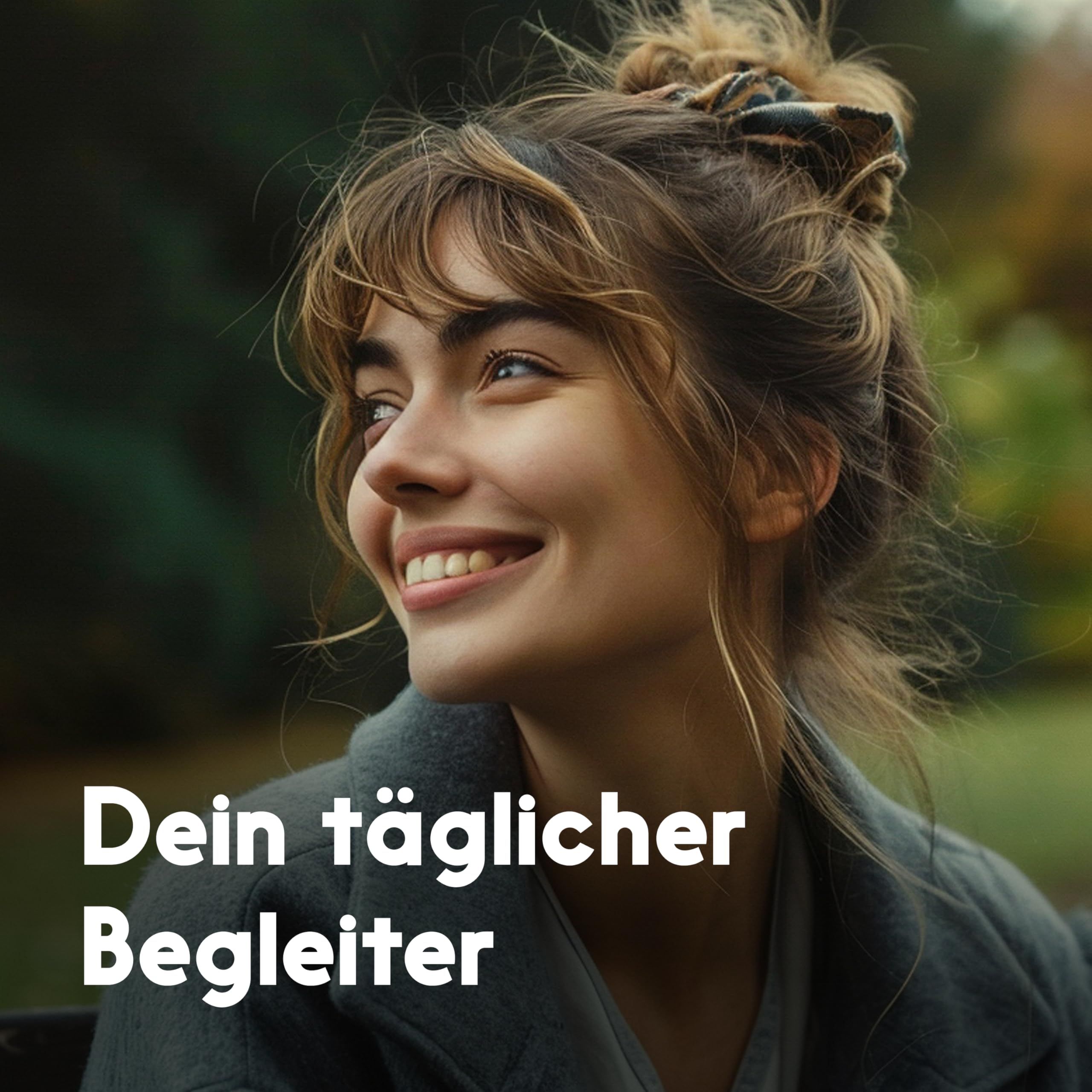 Porträt einer lächelnden Frau mit hochgesteckten Haaren. Text: Dein täglicher Begleiter.