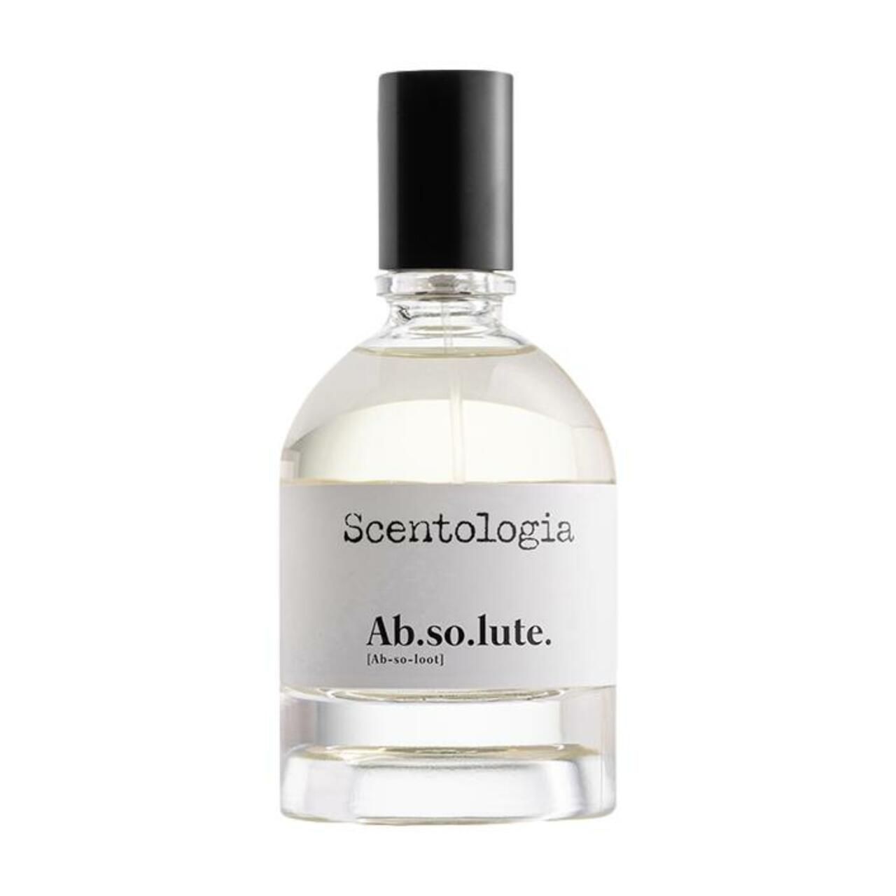 Glasflakon mit schwarzem Verschluss. Weißes Etikett mit "Scentologia" und "Ab.so.lute.".