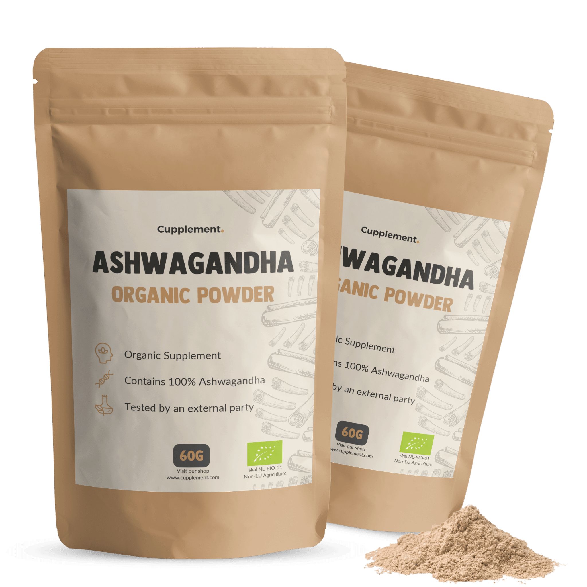 Zwei Beutel Cupplement Ashwagandha BIO Pulver. Braune Verpackung mit weißem Etikett. Text: Ashwagandha Organic Powder, 60g.