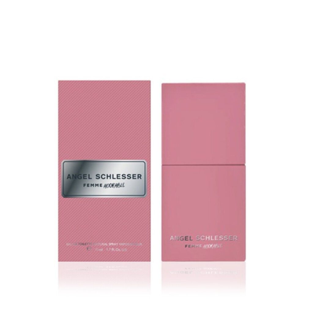 Rosa Flakon und Verpackung. Aufschrift: Angel Schlesser Femme Adorable. Eau de Toilette.