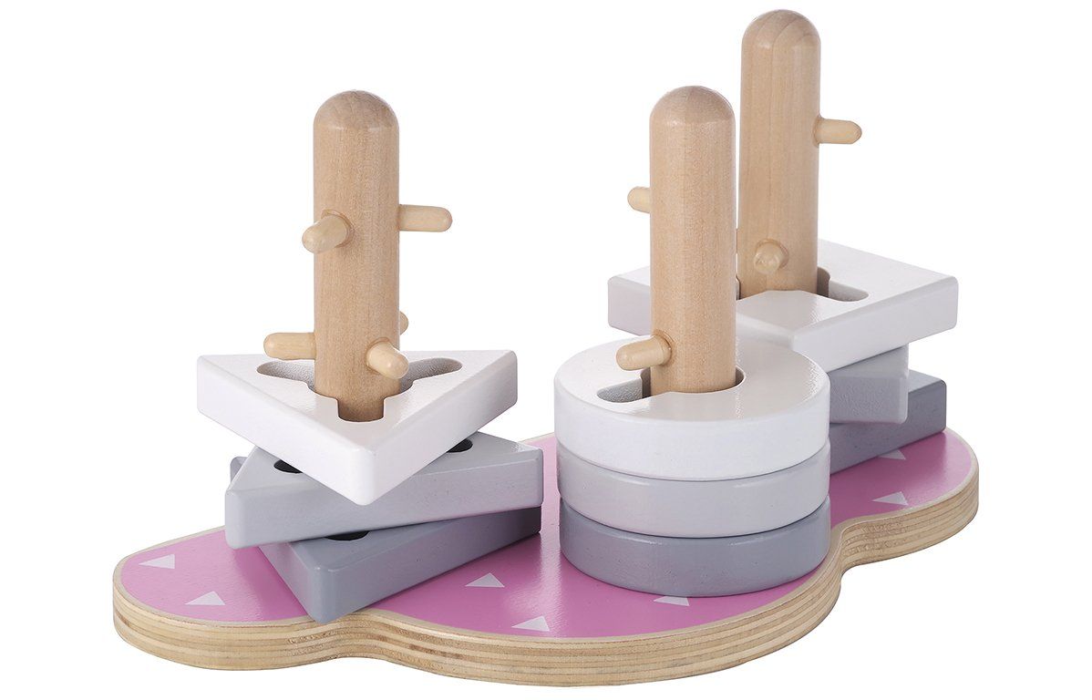 Holzpuzzle Wolke rosa mit drei Holzstiften und geometrischen Formen. Grau, weiß und rosa. Auf Holzbasis.