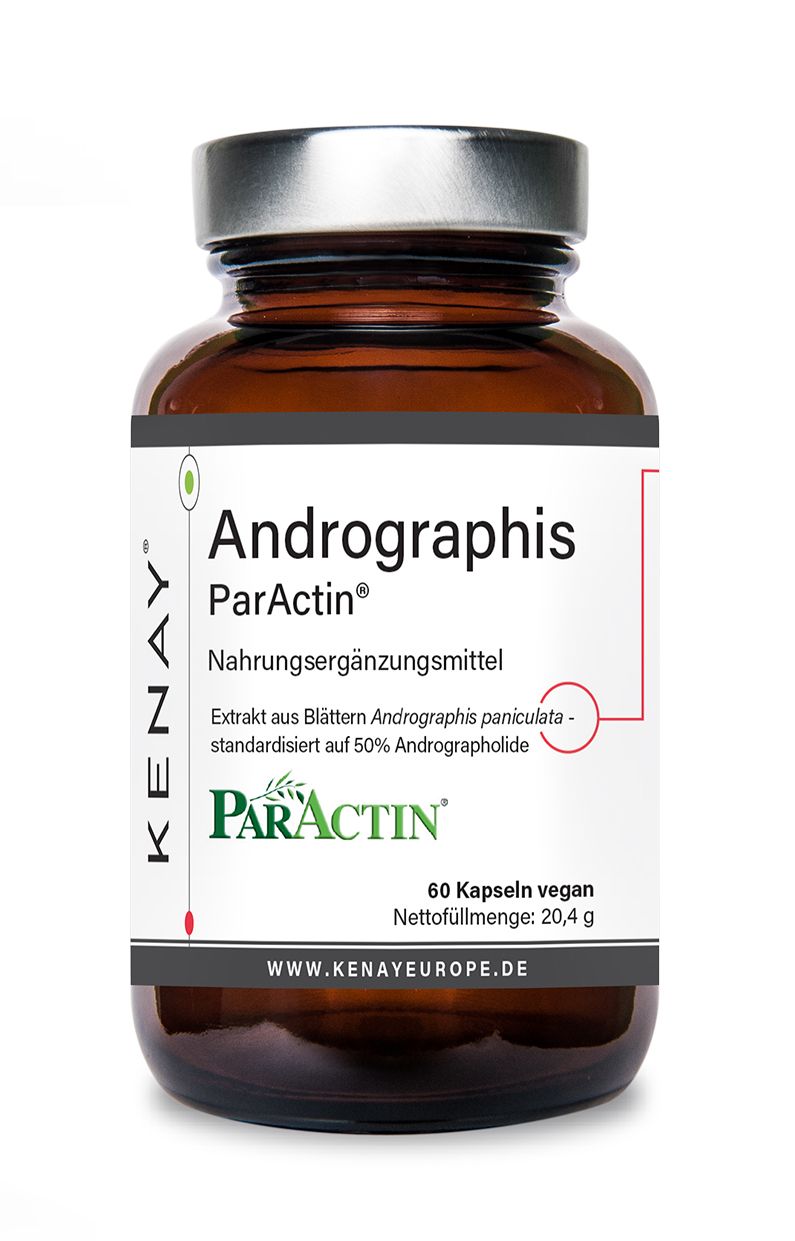 Braune Glasflasche mit Kapseln. Andrographis ParActin® KENAY®. 60 Kapseln vegan. Produktinformationen auf Etikett.