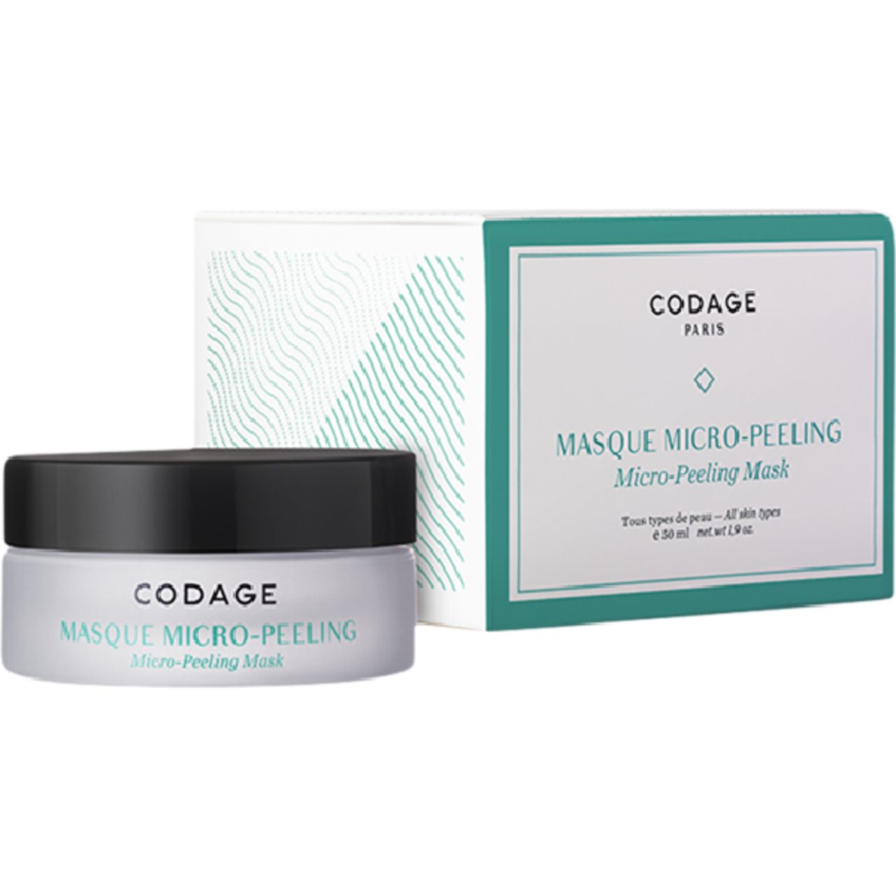 Tiegel und Verpackung von Codage Masque Micro-Peeling. Weißer Tiegel mit schwarzem Deckel, grüne und weiße Verpackung mit Produktnamen.