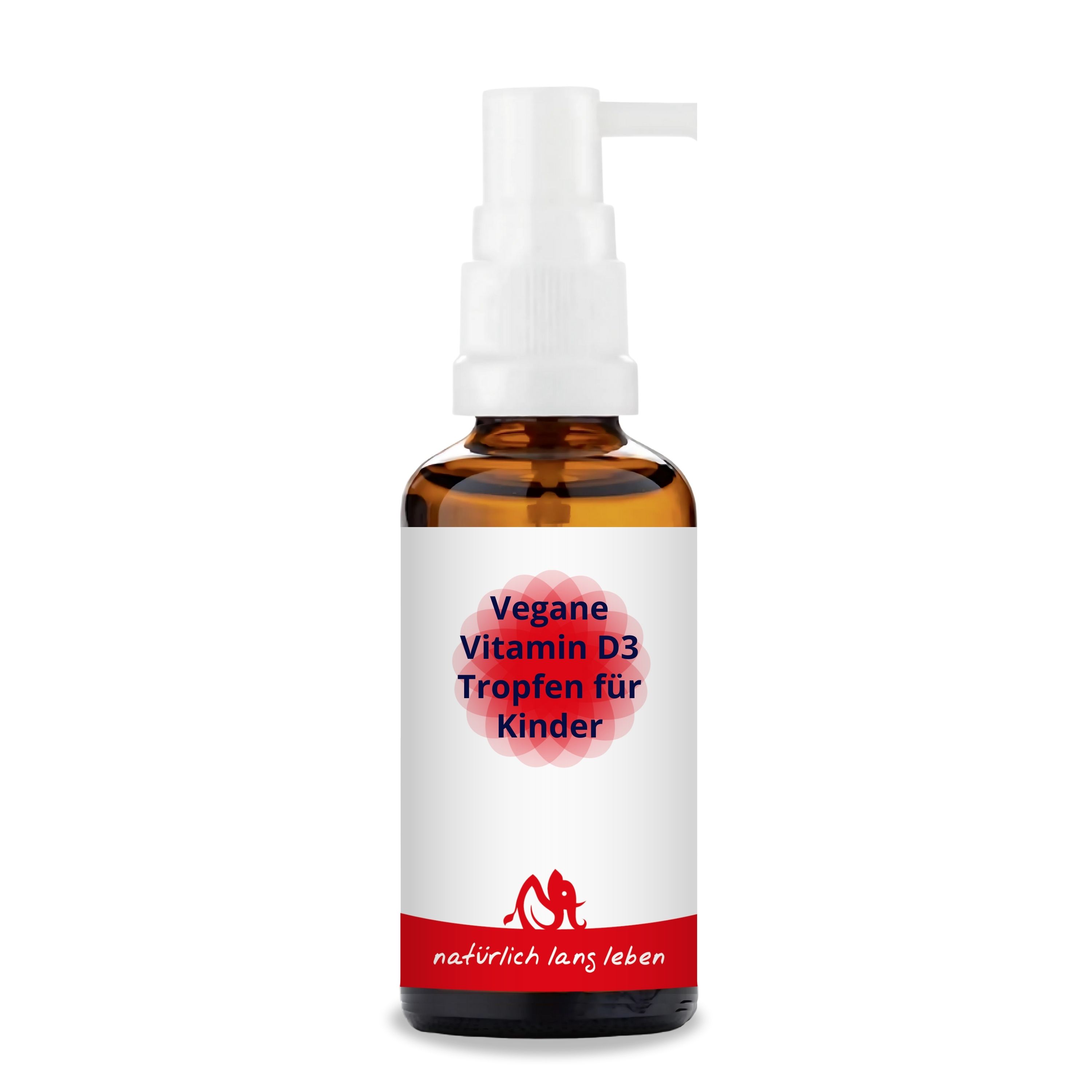 Braune Glasflasche mit weißem Sprühkopf. Etikett mit rotem und weißem Text: Vegane Vitamin D3 Tropfen für Kinder. Logo.