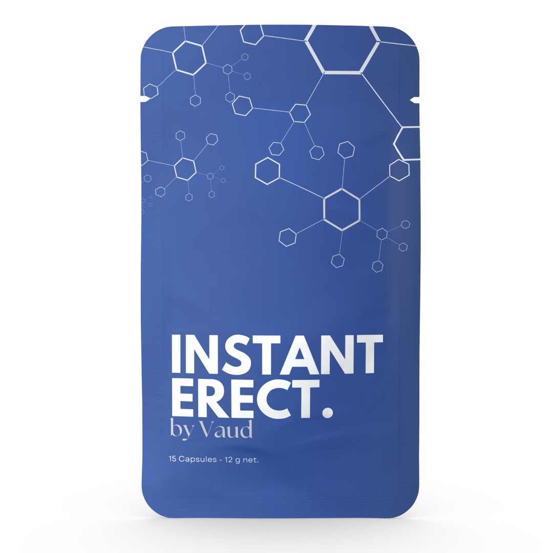 Blaue Verpackung mit weißer Schrift: INSTANT ERECT. by Vaud. 15 Kapseln - 12 g netto. Hintergrund mit Molekül-Design.