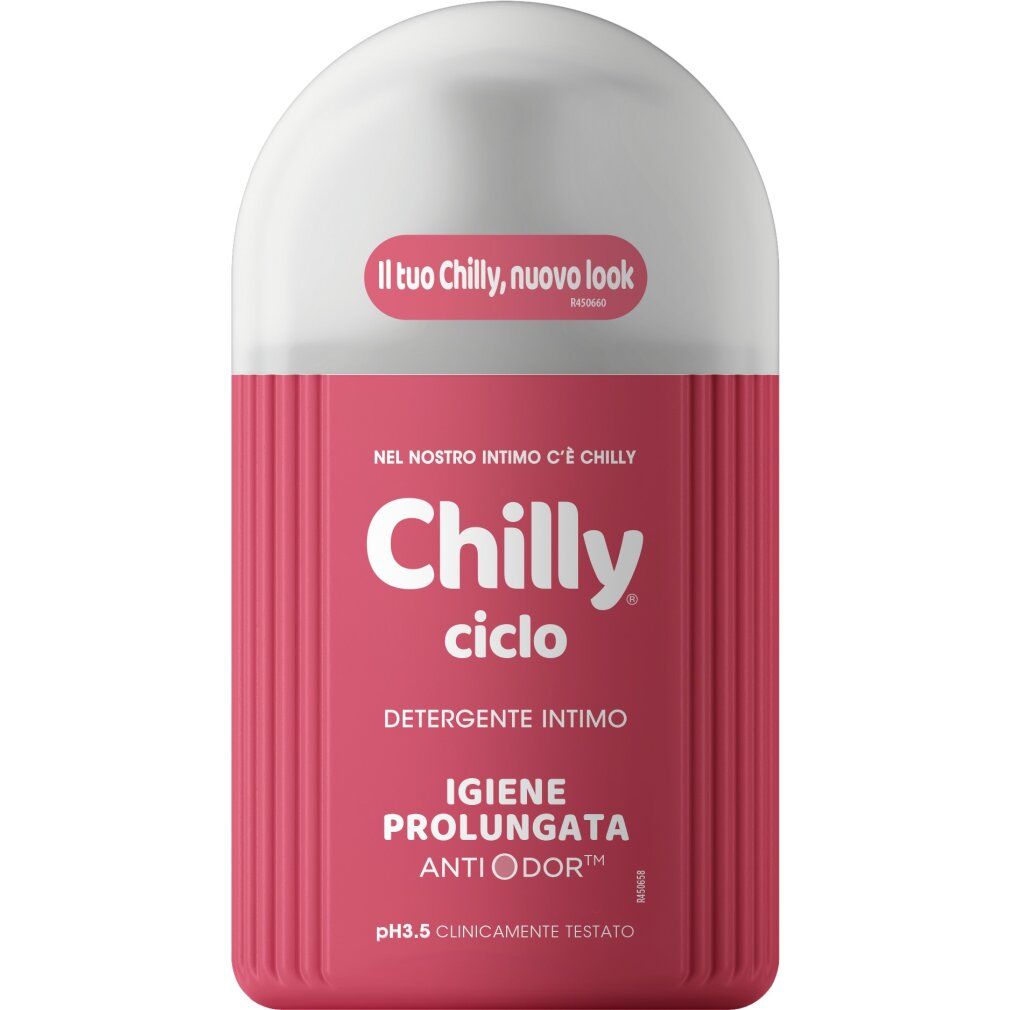 Rosa Flasche mit weißem Deckel. Aufschrift "Chilly ciclo", "Detergente intimo", "Igiene prolungata".