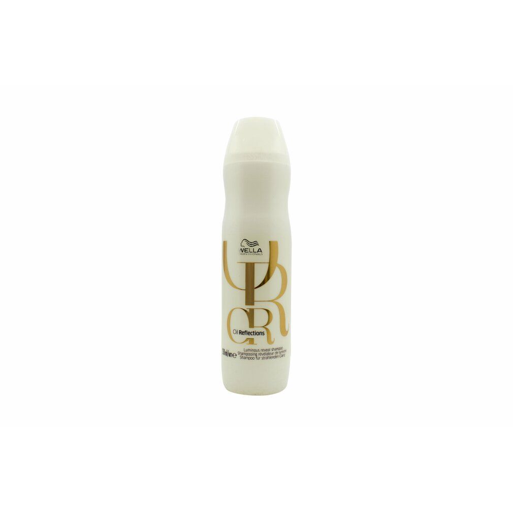 Weißes Shampoo mit goldfarbenem Schriftzug. Logo von Wella. Flasche mit abgerundeter Form und weißem Deckel.