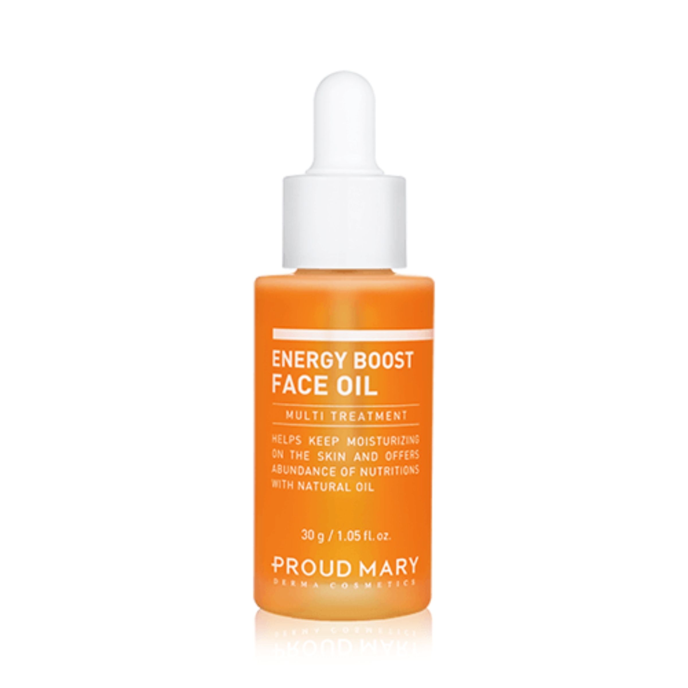 Orangefarbene Flasche mit weißem Tropfer. Aufschrift: Energy Boost Face Oil, Multi Treatment. Marke: Proud Mary.