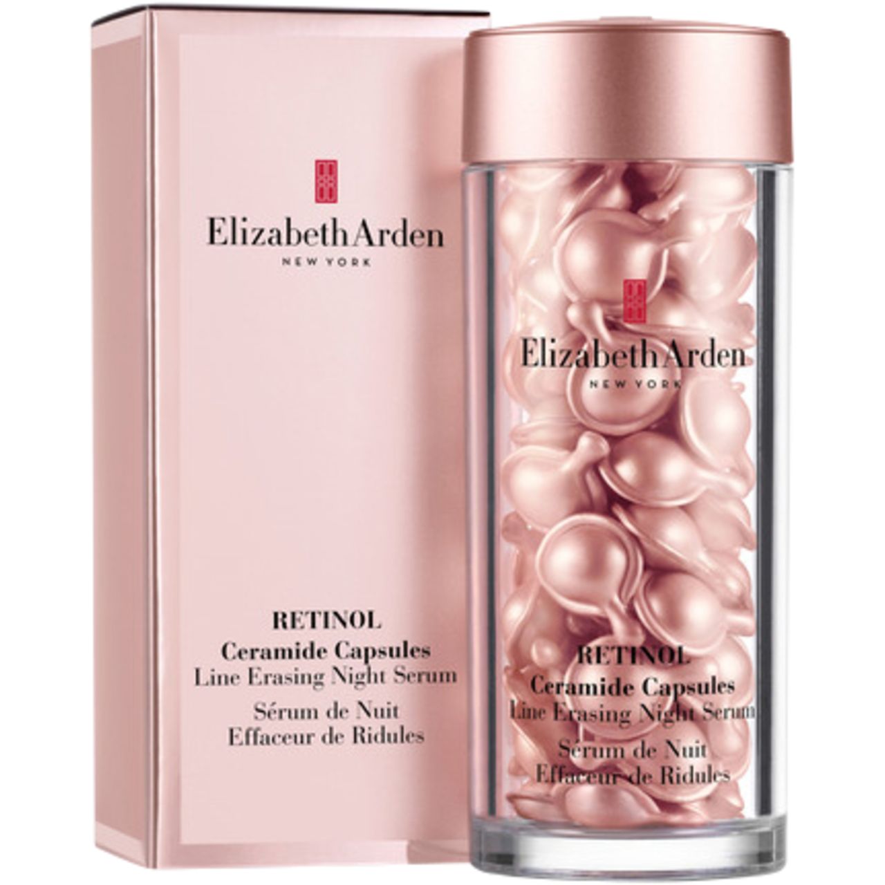 Rosa Verpackung und zylindrische Flasche mit rosa Kapseln. Aufschrift: Elizabeth Arden, Retinol Ceramide Capsules Line Erasing Night Serum.
