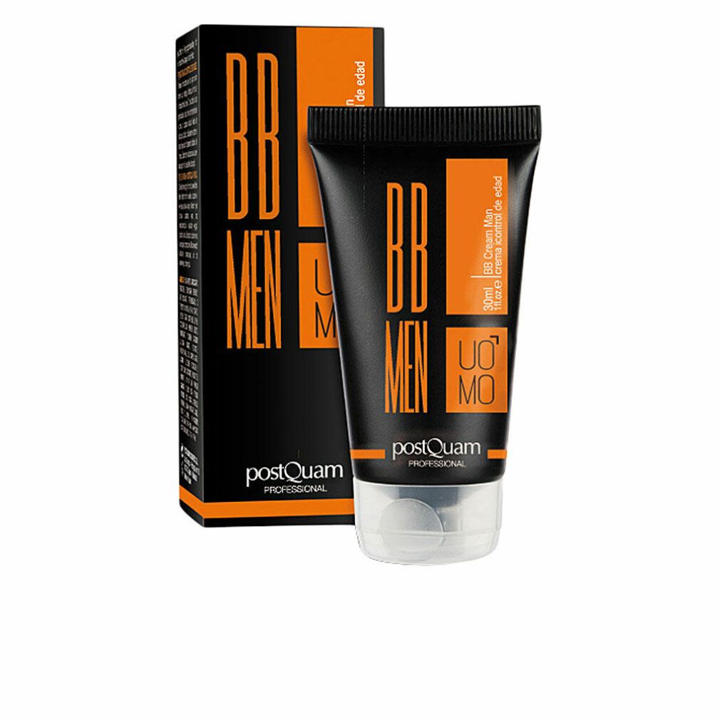 Schwarze Tube und Schachtel mit orangefarbener Schrift. Auf der Tube steht "BB MEN UOMO" und "Postquam".