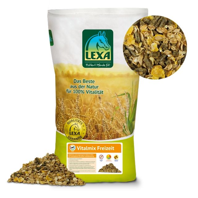 Sack mit LEXA Vitalmix Freizeit Pferdefutter. Grün-weißes Design mit Produktabbildung und Logo. Nahaufnahme des Futters.