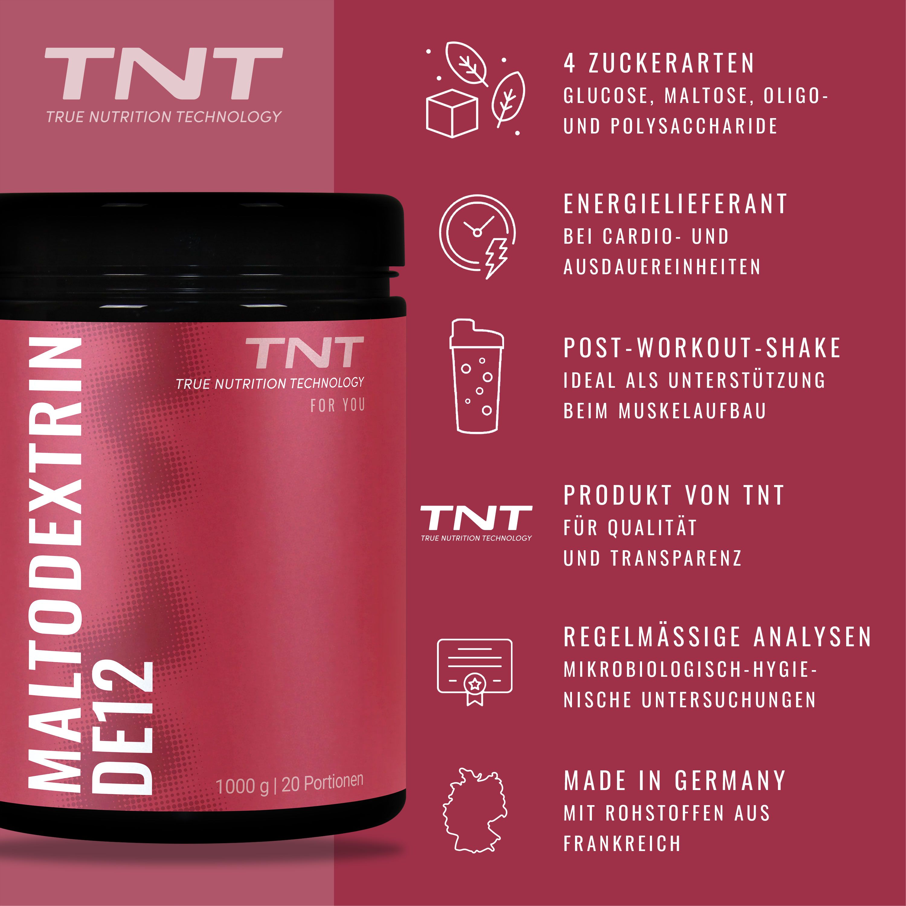 Produktinformationen auf rotem Hintergrund. Enthält: 4 Zuckerarten, Energie, Post-Workout-Shake, Produkt von TNT, Analysen.
