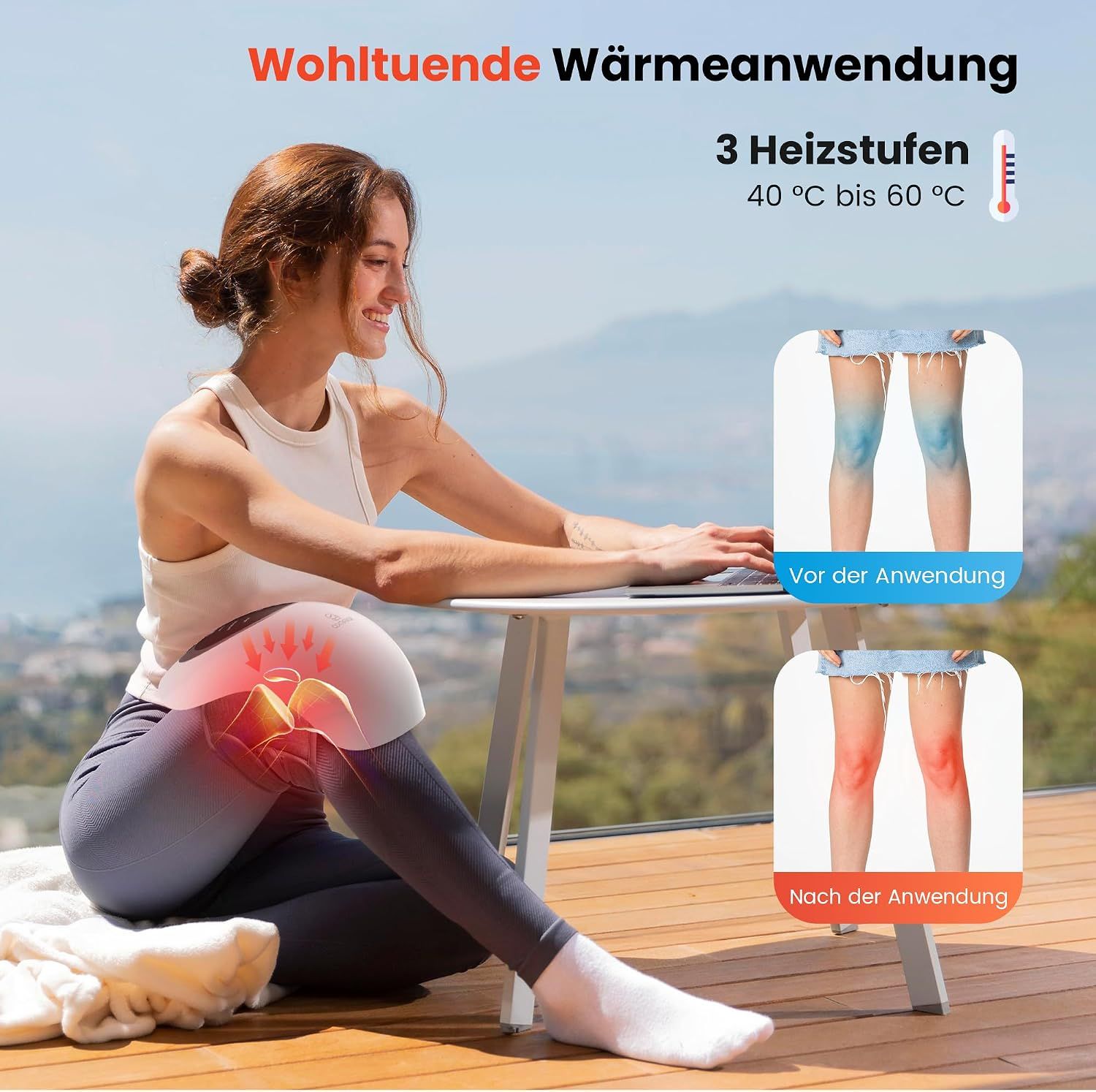 Frau mit Kniebandage, die auf einem Laptop tippt. Vorher/Nachher-Vergleich der Knieanwendung.