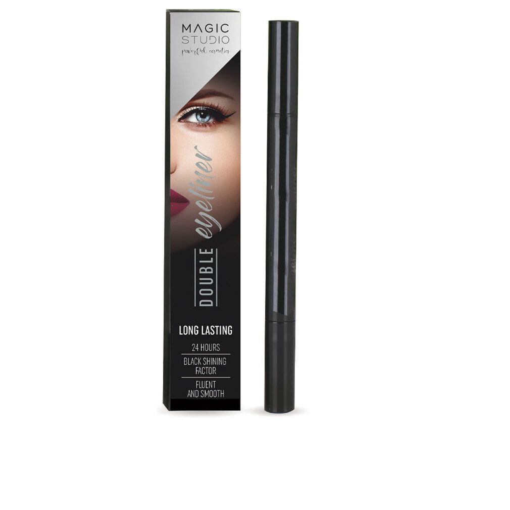 Doppel-Eyeliner und Verpackung. Schwarzer Eyeliner-Stift mit zwei Spitzen. Verpackung mit Produktname und Model-Gesicht.