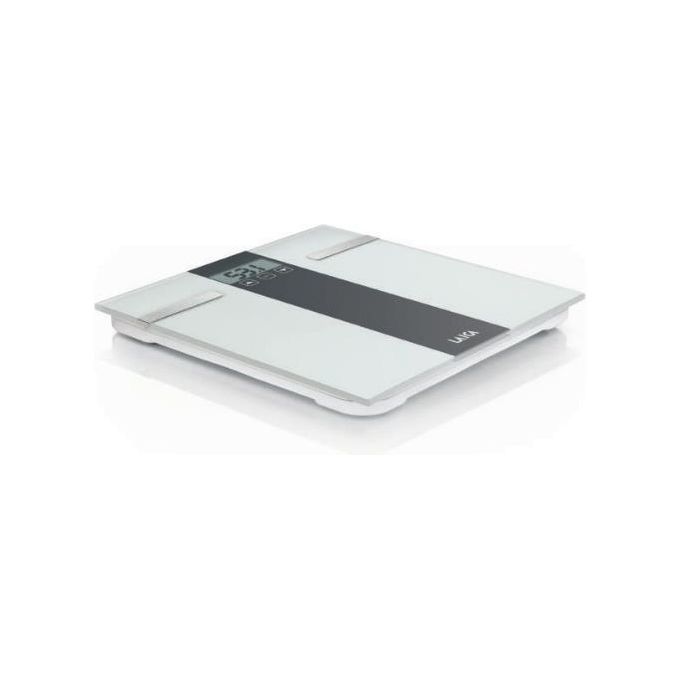 Bilancia elettronica bianca con display digitale. Striscia nera con logo Laica. Forma rettangolare con angoli arrotondati.