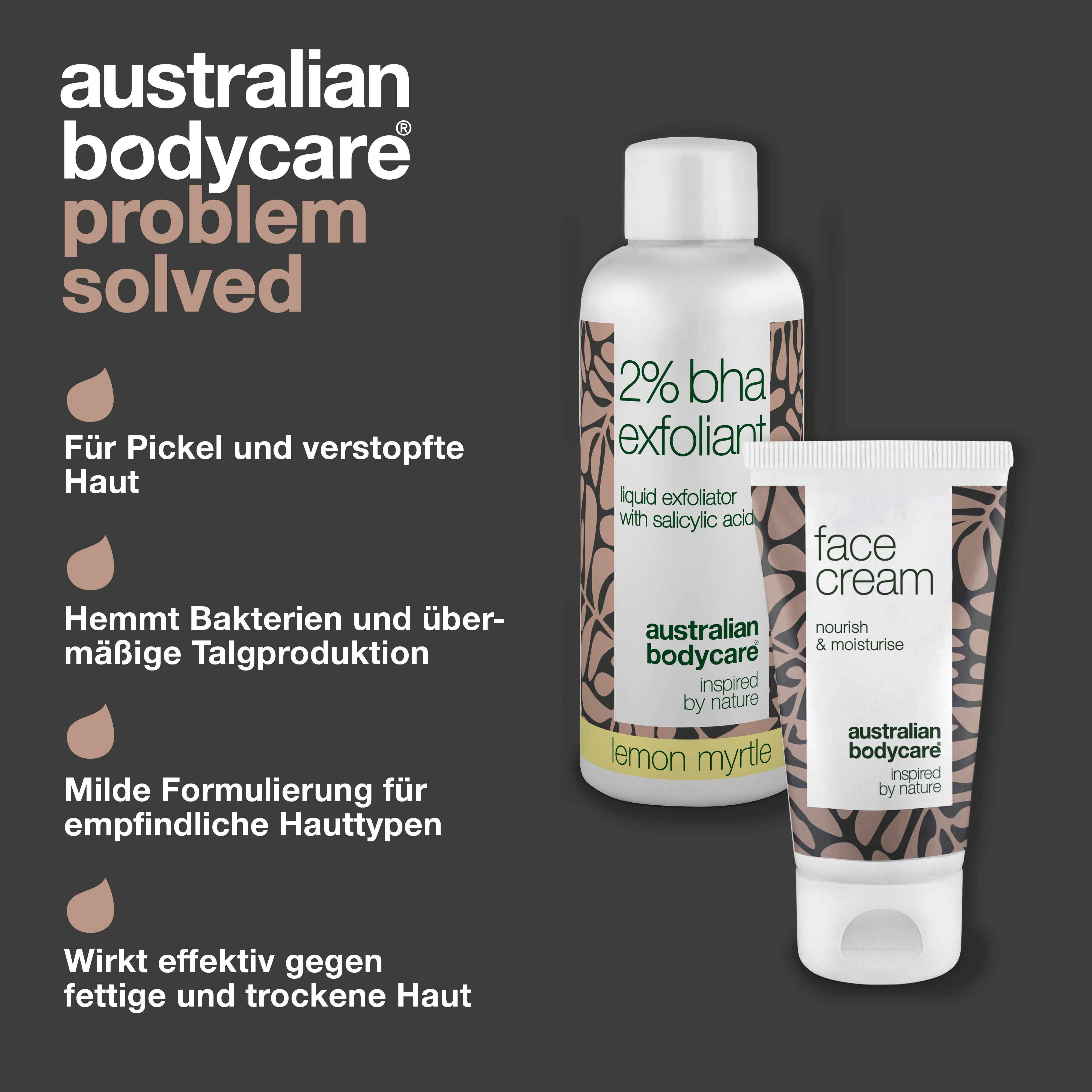 2% BHA Exfoliant und Face Cream. Text: Problem gelöst. Produktbeschreibung auf Deutsch.