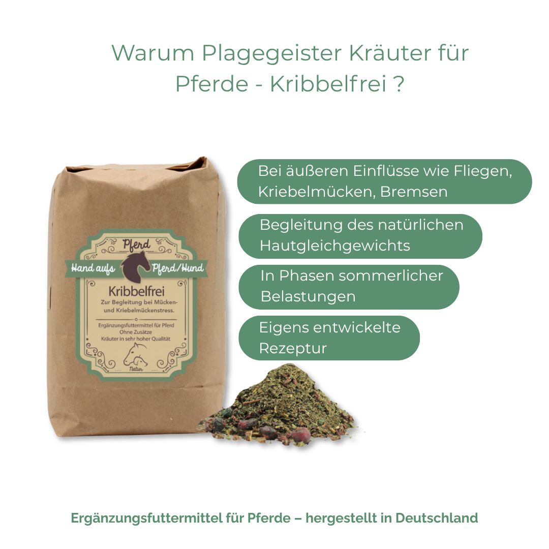 Braune Papiertüte mit Produktetikett und Kräutermischung. Text: Hand aufs Pferd/Hund, Kribbelfrei. Ergänzungsfuttermittel für Pferde.
