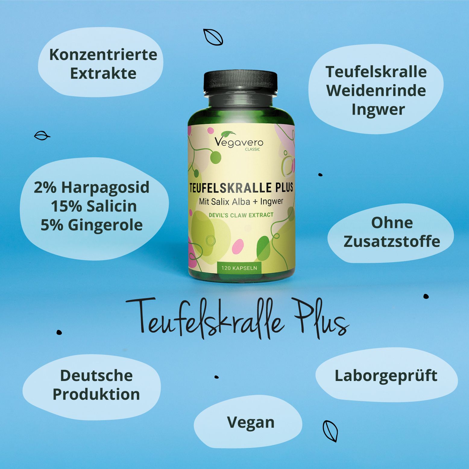 Flasche mit Kapseln, umgeben von Infografiken. Informationen zu Inhaltsstoffen und Qualität. Vegavaro Classic Logo.