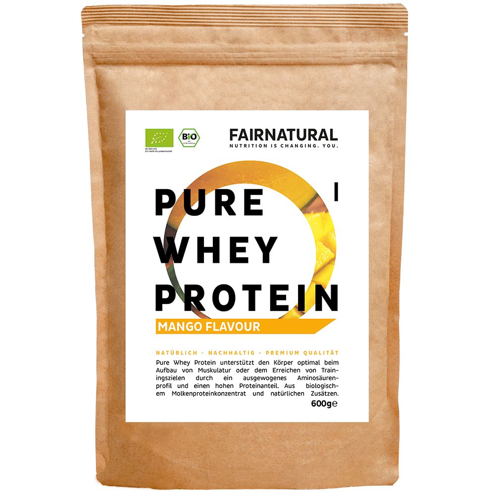 Beutel Pure Whey Protein, Mango Flavour. Text: Natürlich, nachhaltig, Premium Qualität. 600g. Bio-Zertifizierung. FAIRNATURAL Logo.