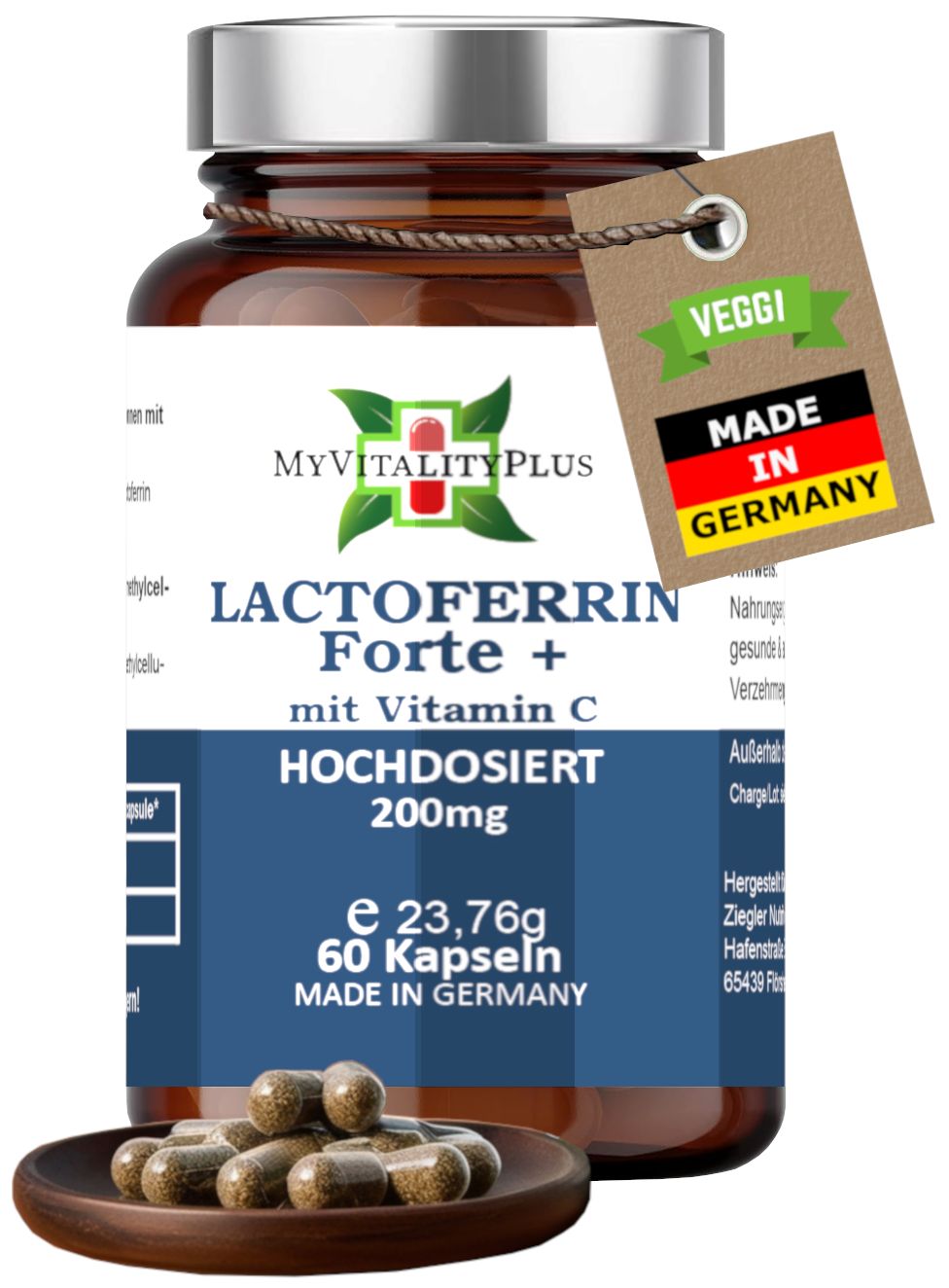Braune Glasflasche mit Kapseln. Aufschrift: Lactoferrin Forte + mit Vitamin C, 200mg, 60 Kapseln. Made in Germany. Veggi-Siegel.