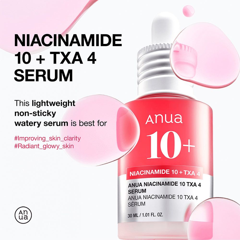 Serumflasche mit Text: Niacinamid 10% + TXA 4% Serum. Marke: Anua. 30 ml. Leichte, nicht-klebrige Textur.