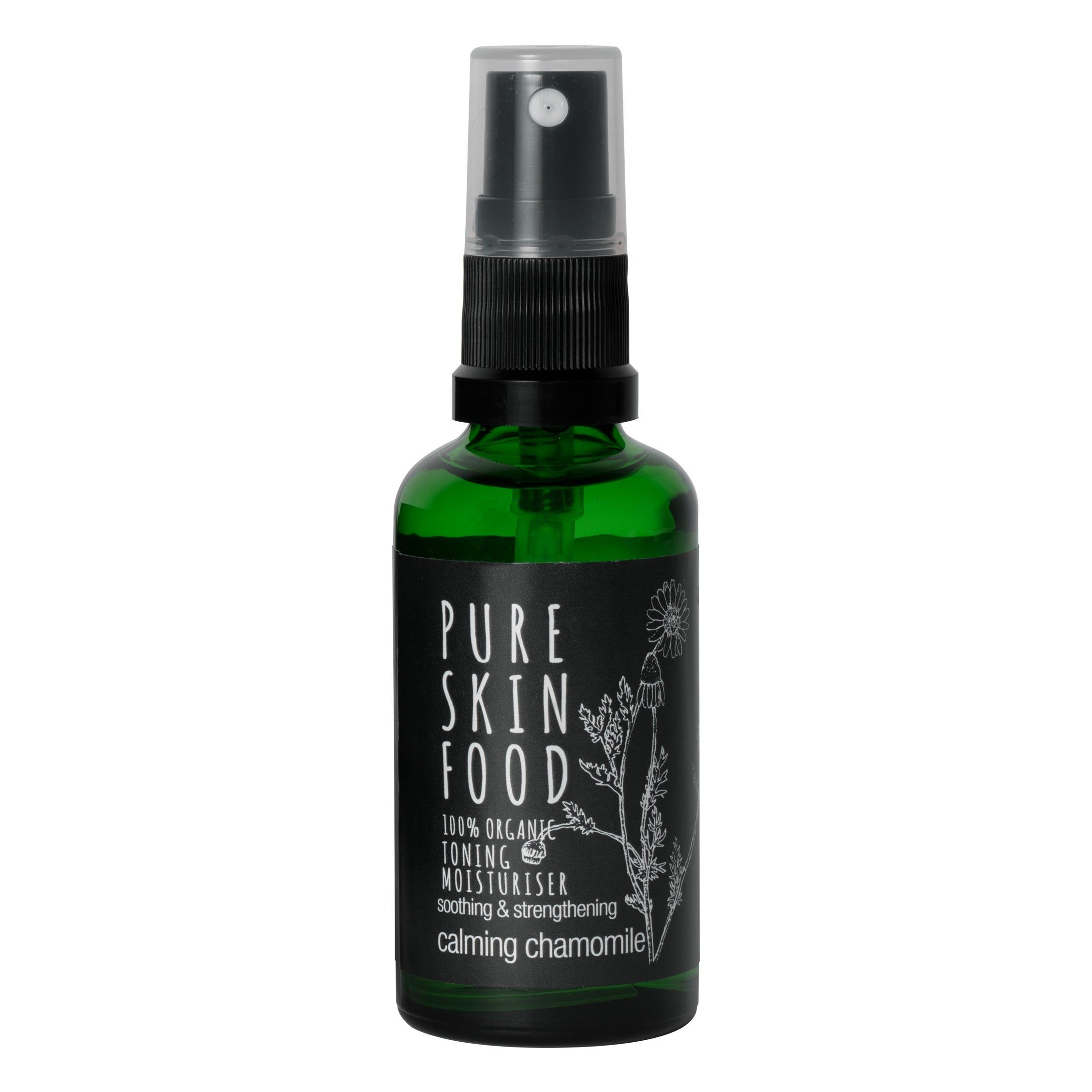 Grüne Glasflasche mit schwarzem Sprühkopf. Aufschrift: Pure Skin Food, Toning Moisturiser, beruhigend & stärkend, Kamille.