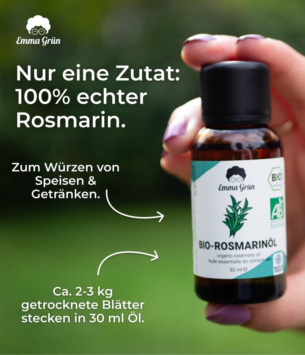 Braune Flasche mit Etikett. Aufschrift: 100% echter Rosmarin. Text: Zum Würzen von Speisen & Getränken. Bio-Siegel.