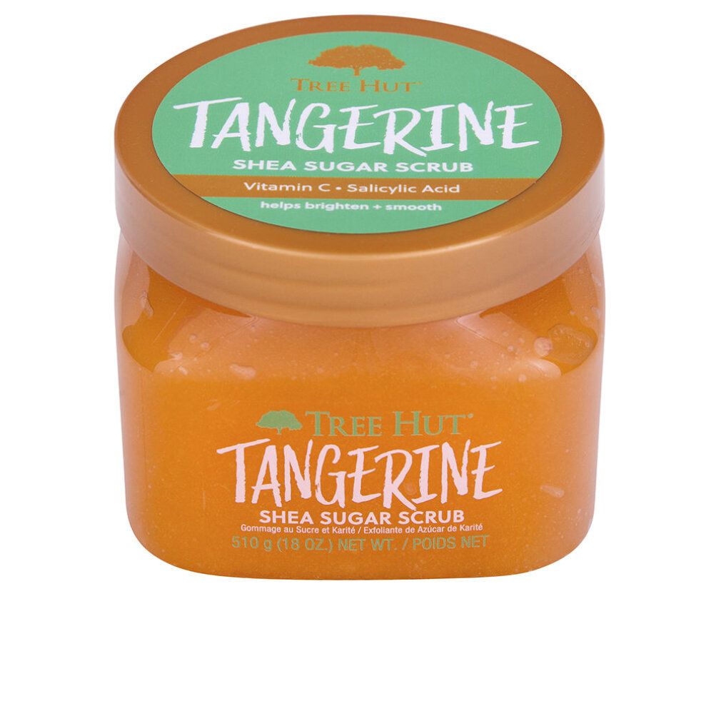 Orangefarbener Behälter mit Mandarinen-Zuckerpeeling. Marke: Tree Hut.