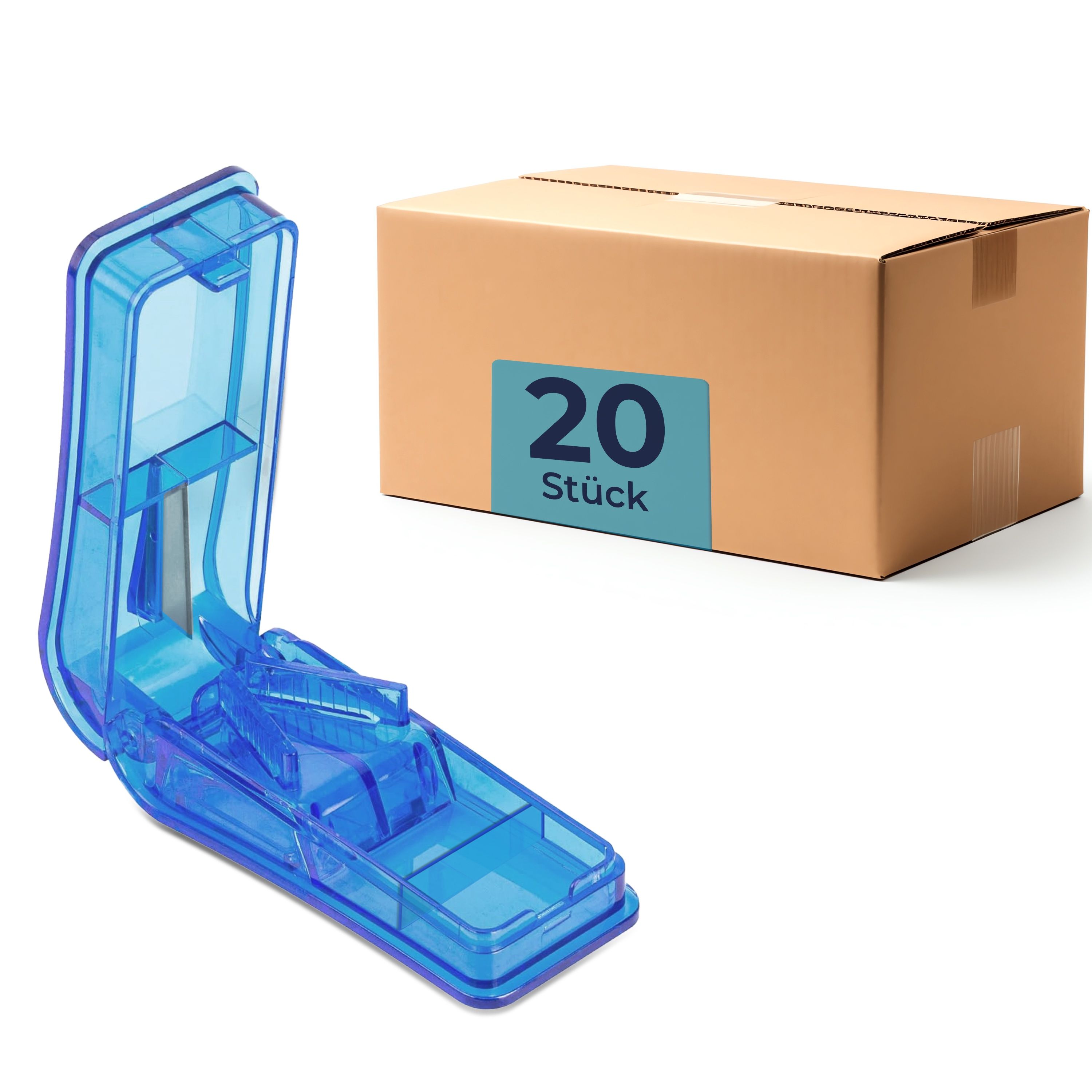 Blauer Tablettenteiler mit Klinge und Tablettenfach. Daneben ein Karton mit Aufkleber "20 Stück".