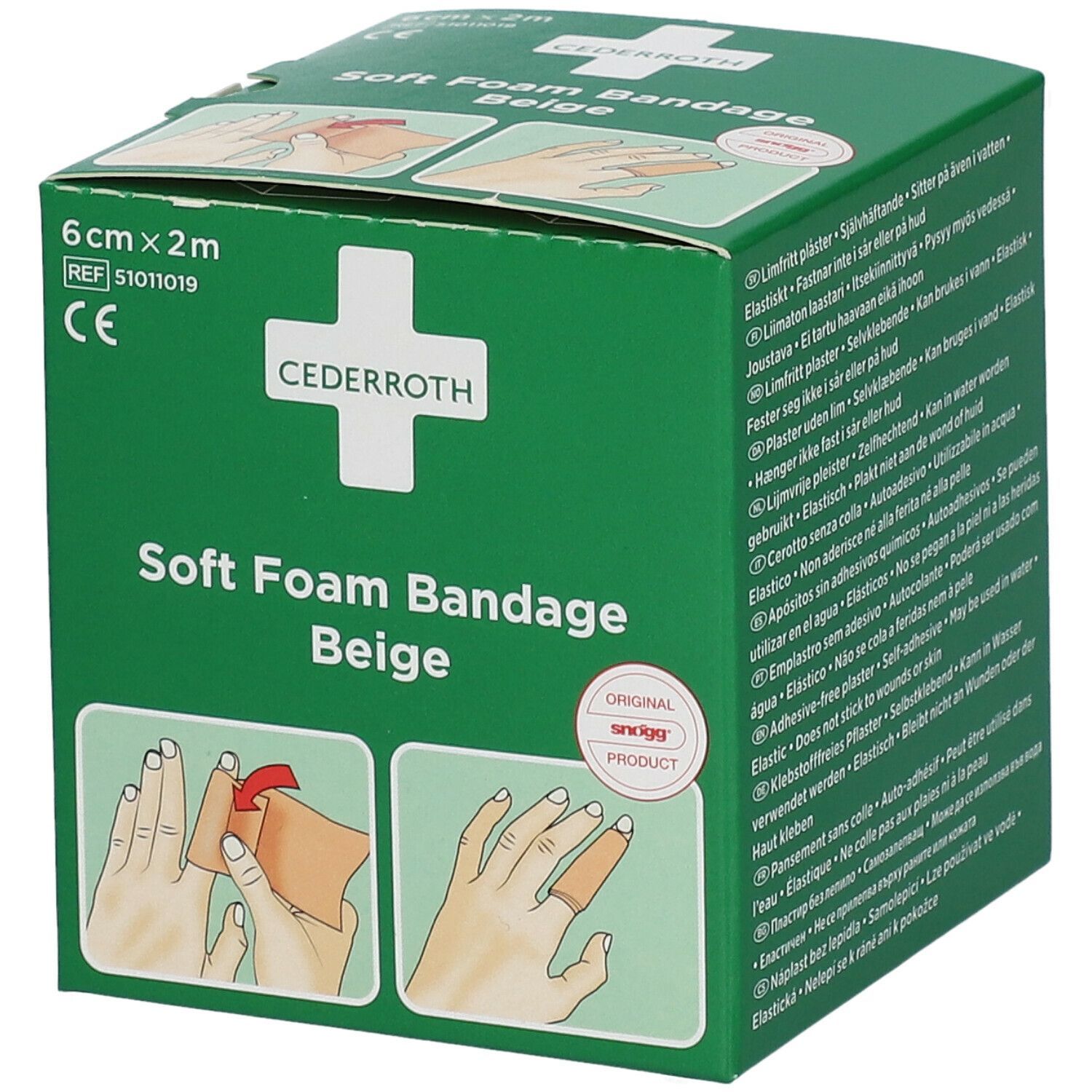 Grüne Schachtel mit Cederroth Soft Foam Bandage Beige. Abmessungen: 6 cm x 2 m. CE-Kennzeichnung. Illustrationen zur Anwendung.