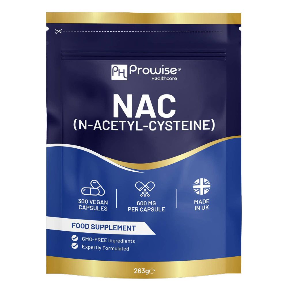 Beutel mit NAC (N-Acetyl-Cystein) Kapseln. Enthält 300 vegane Kapseln, 600 mg pro Kapsel. Hergestellt in UK.