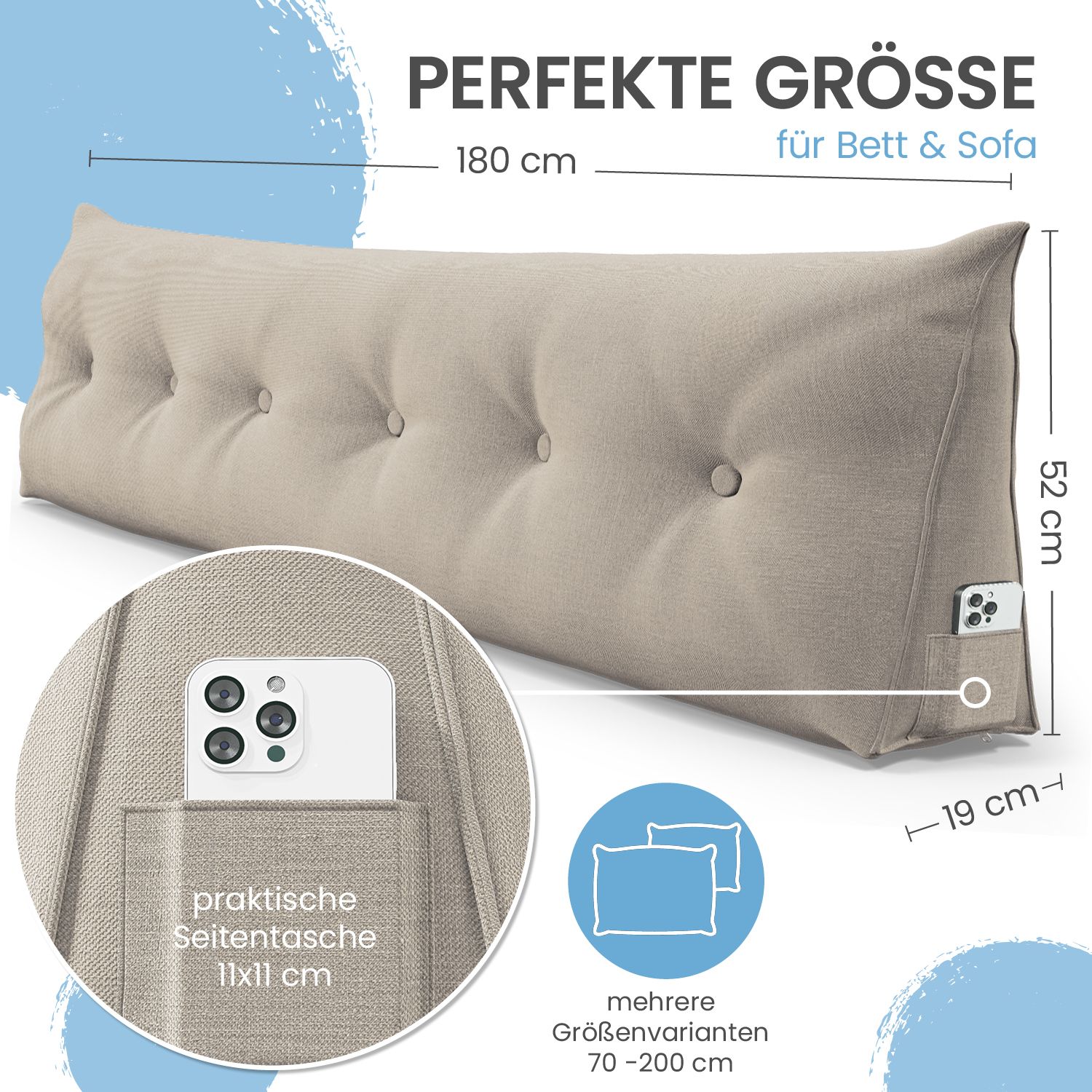 Beiges Stützkissen mit Knöpfen. Maße: 180x52x19 cm. Seitentasche für Smartphone. Text: PERFEKTE GRÖSSE.