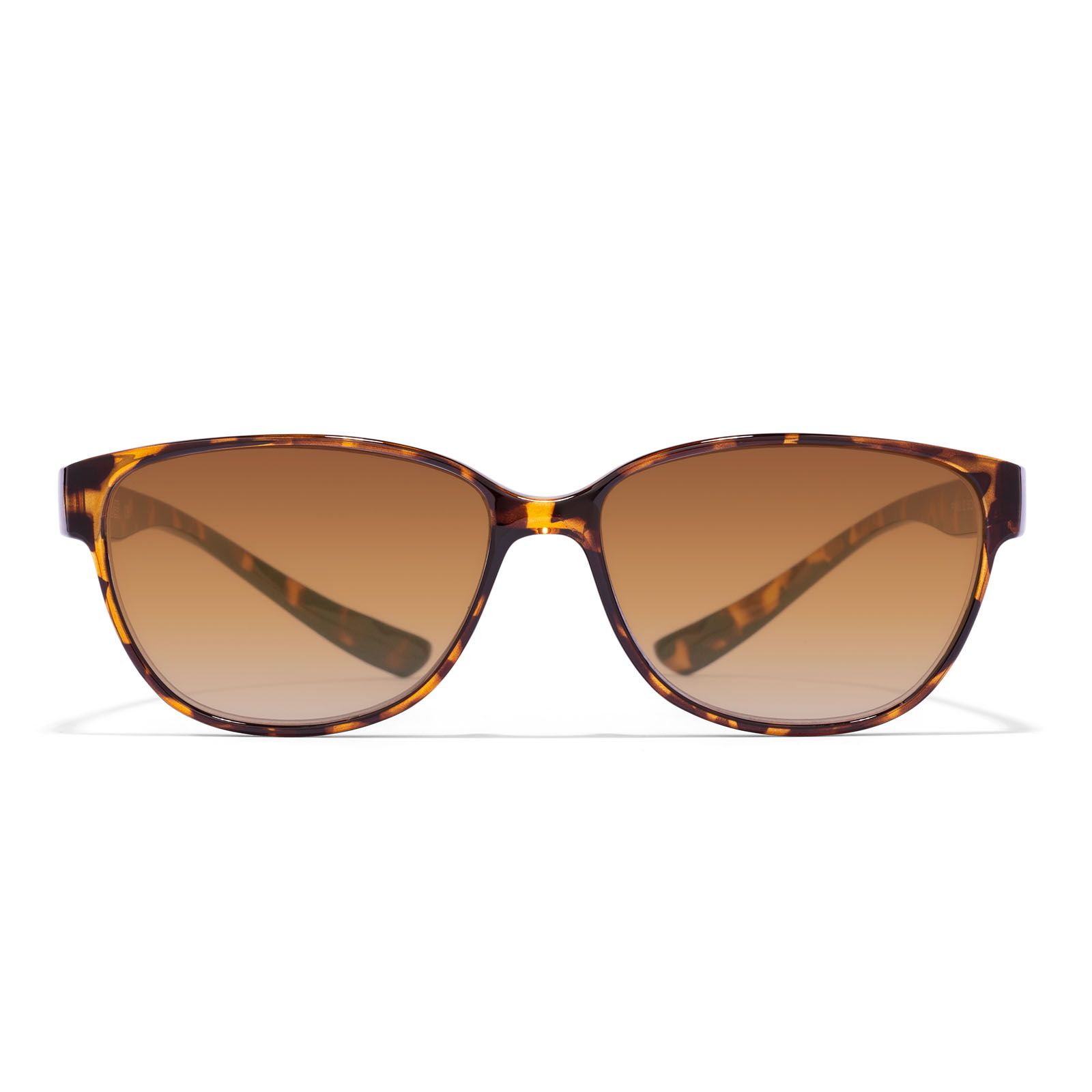 Sonnenbrille mit braunen Gläsern und Schildpatt-Muster-Rahmen. Frontansicht, auf weißem Hintergrund.