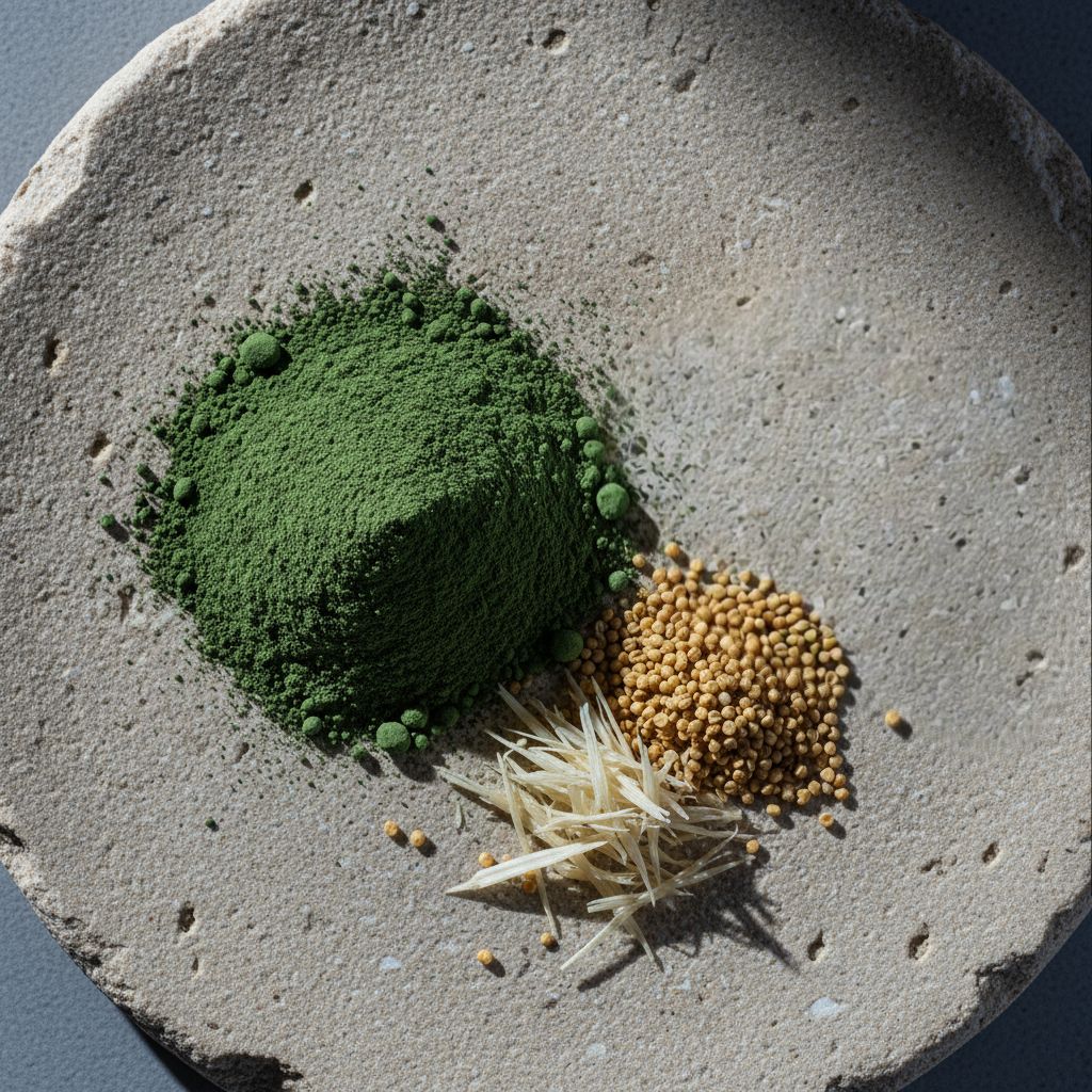 Grünes Pulver, gelbe Körner und getrocknete Pflanzen auf Steinplatte. Nahaufnahme.