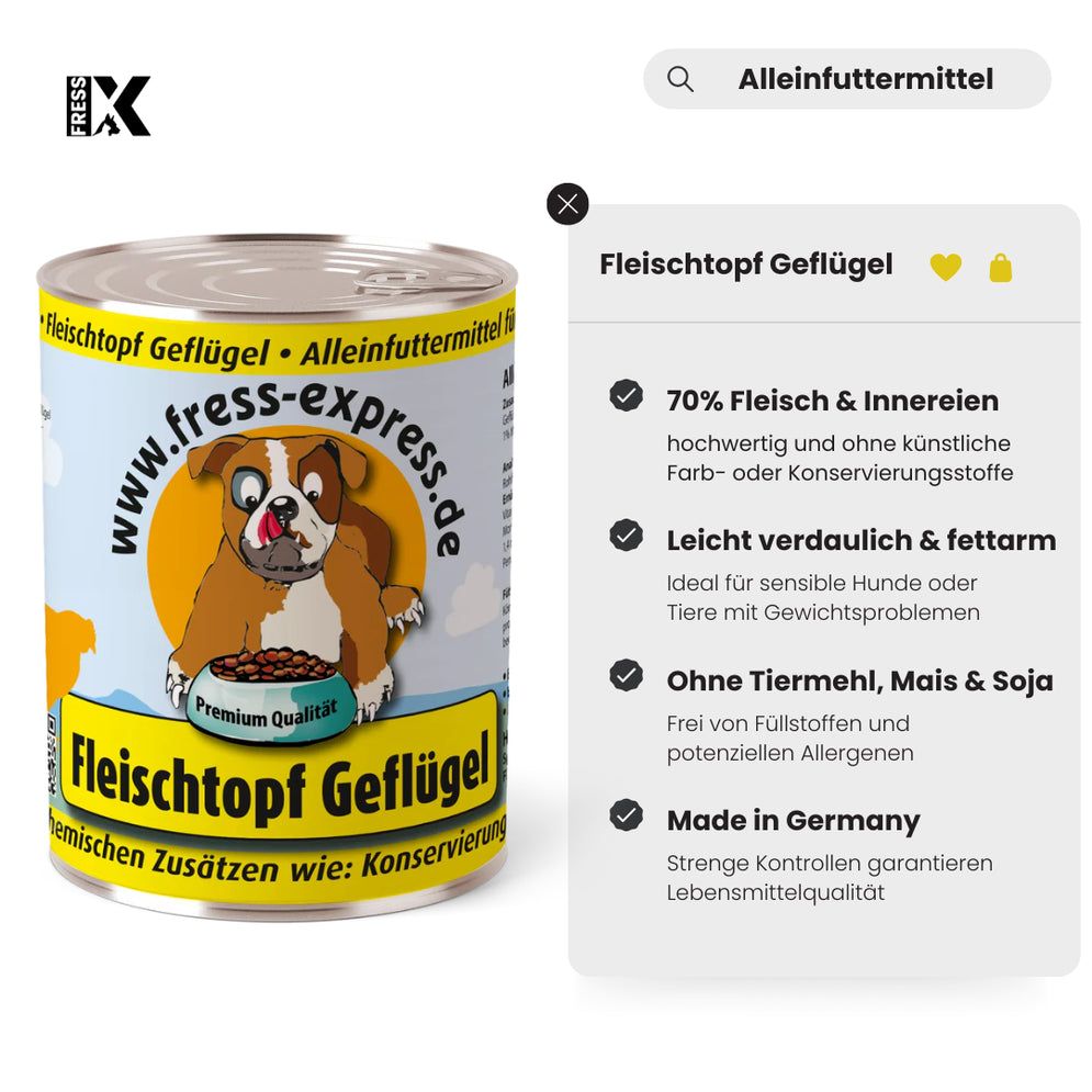 Hundefutterdose mit Etikett und Infobox. Aufschrift: Fleischtopf Geflügel, fress-express.de, Abbildung eines Hundes. Infobox: 70% Fleisch, leicht verdaulich, ohne Tier