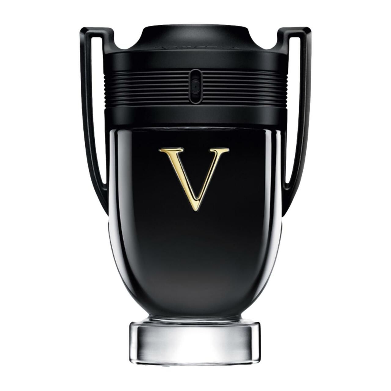 Schwarzer Flakon mit goldenem "V". Form eines Pokals mit Griffen. Silberner Sockel. Aufschrift "V".