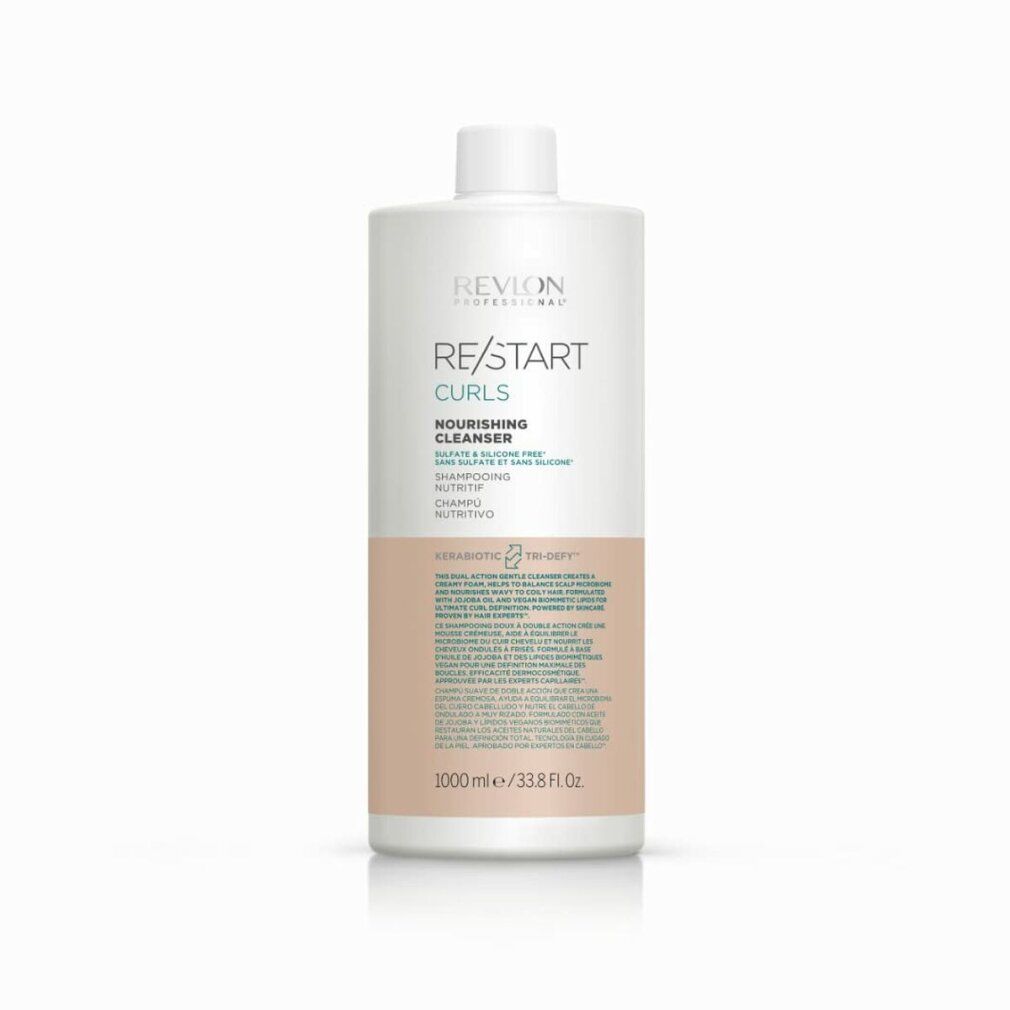 Weißer Flakon mit Schraubverschluss. Aufschrift: Revlon Re-Start Curls. Text in Englisch und Spanisch. Beigefarbener Streifen.