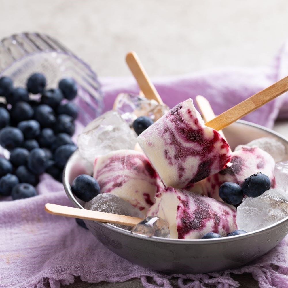 Schüssel mit Eis am Stiel, Blaubeeren und Eiswürfeln. Holzstiele. Blaubeeren daneben.