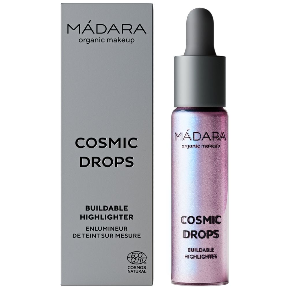 Flüssiger Highlighter mit Pipette und Verpackung. Text: MÁDARA, Cosmic Drops, Buildable Highlighter. ECOCERT-Zertifizierung.