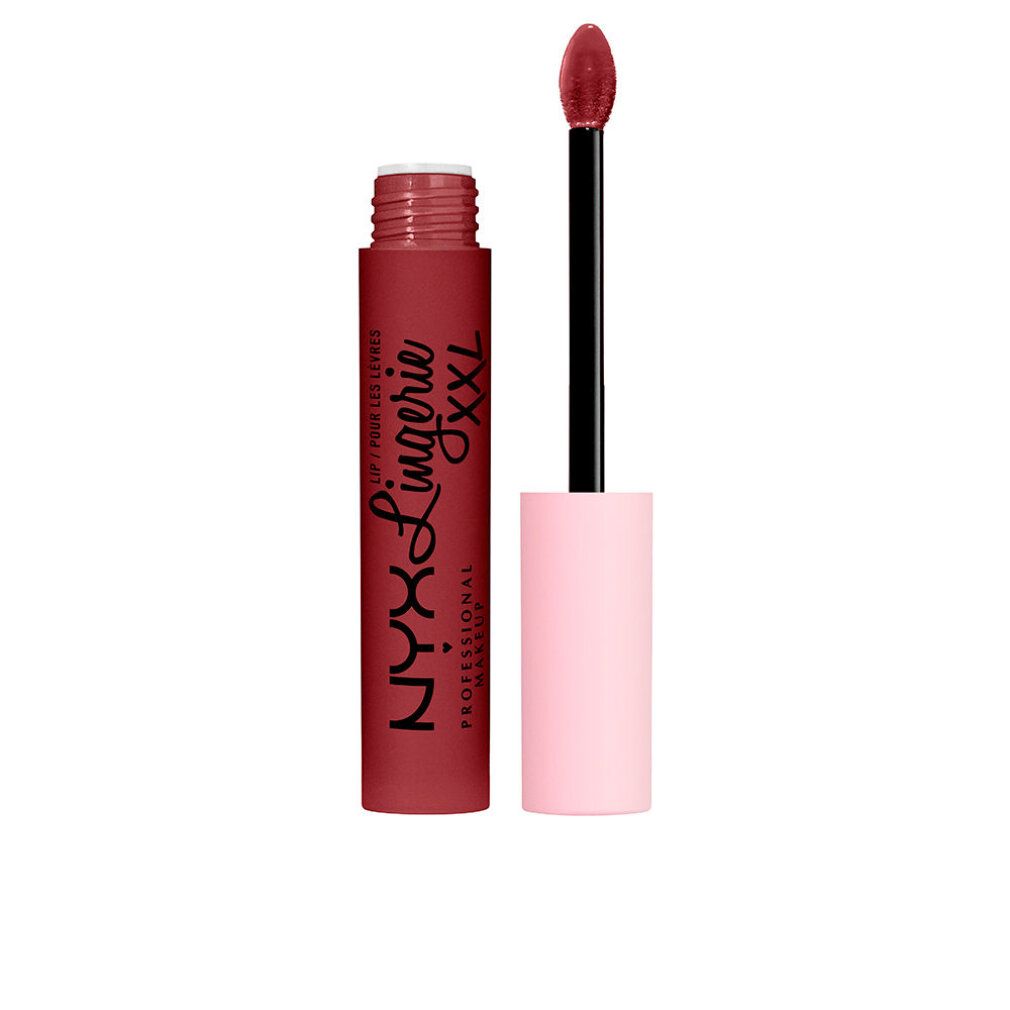 NYX Lip Lingerie XXL flüssiger Lippenstift, aufgeschraubt, mit Applikator in mattem Rotbraun.