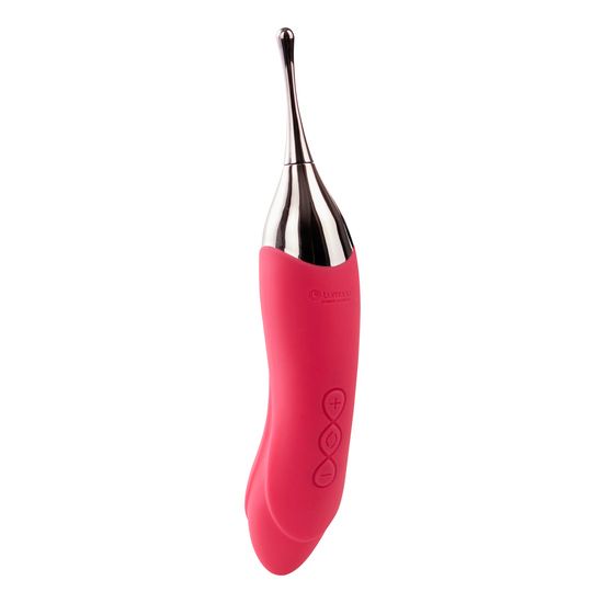 Rosa Stimulator mit silberfarbenem Kopf. Drei Knöpfe. Auf weißem Hintergrund.
