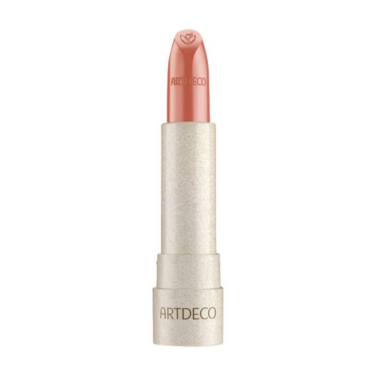 Lippenstift mit rosafarbenem Stift und hellem Gehäuse. Der Schriftzug ARTDECO ist auf dem Gehäuse zu sehen.