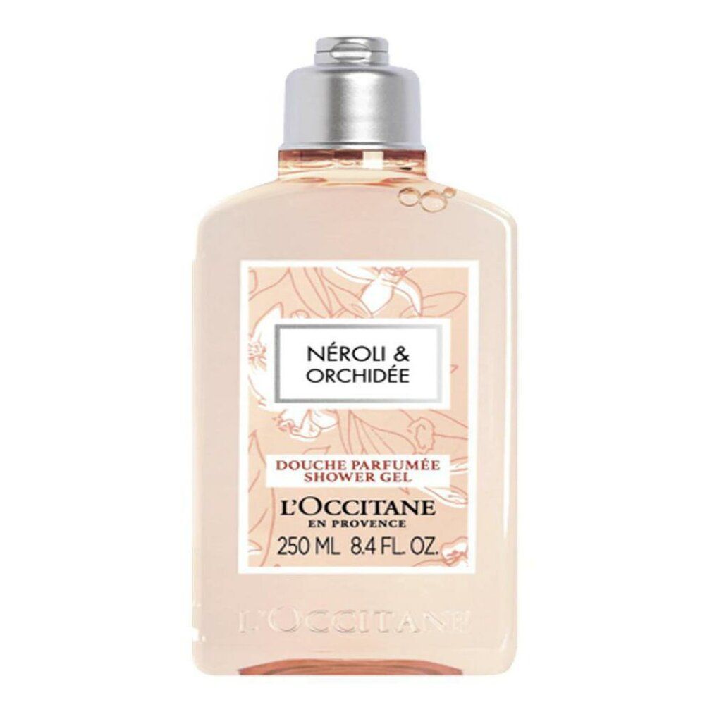 Eine Flasche L'Occitane Néroli & Orchidée Duschgel. Aufschrift: Néroli & Orchidée, Douche Parfumée, L'Occitane en Provence, 250 ml.
