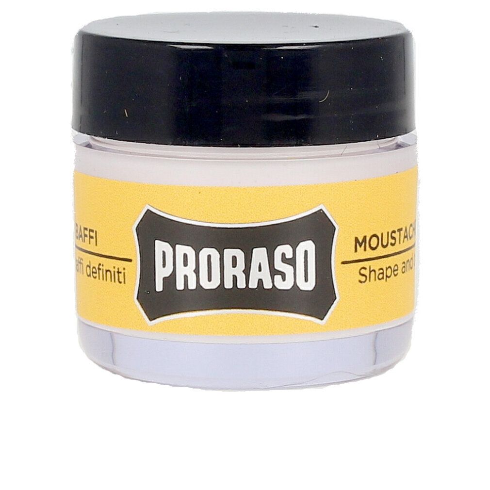 Glas mit Bartwachs, schwarzem Deckel und gelbem Etikett. Aufschrift: PRORASO, Cera Baffi.