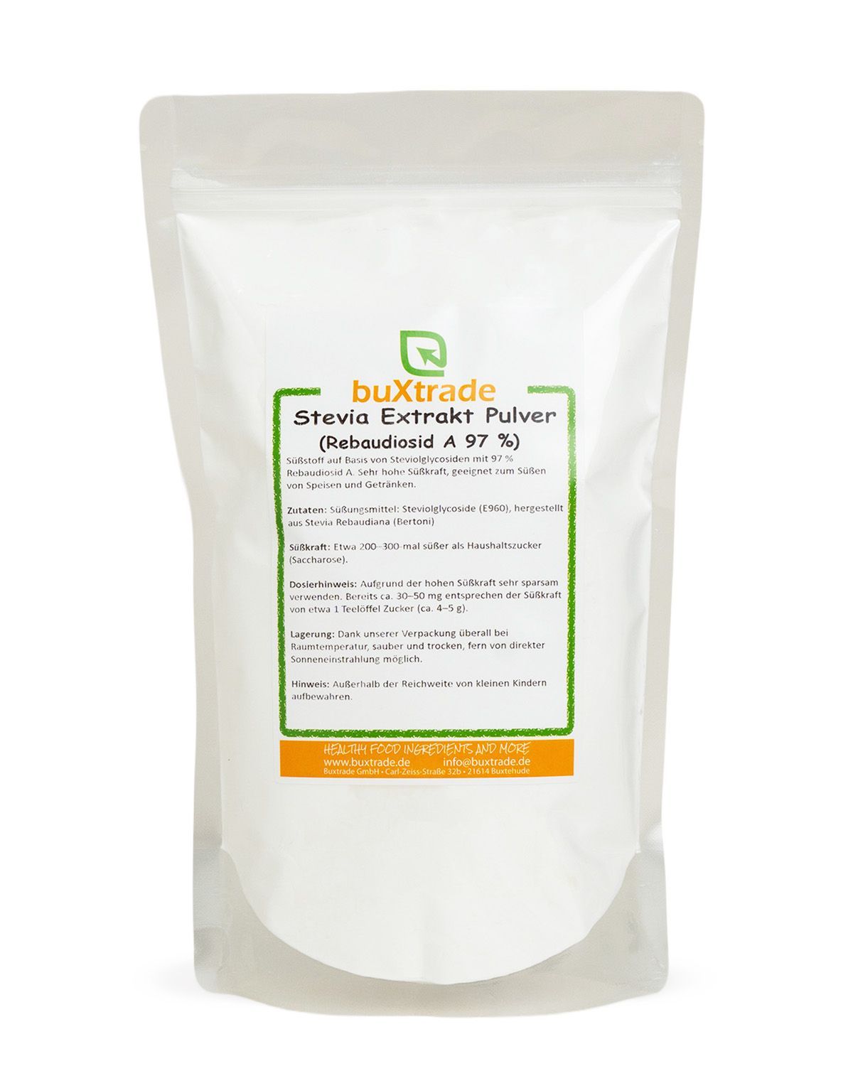 Verpackung mit buXtrade Stevia Extrakt Pulver, 97% Rebaudiosid A.