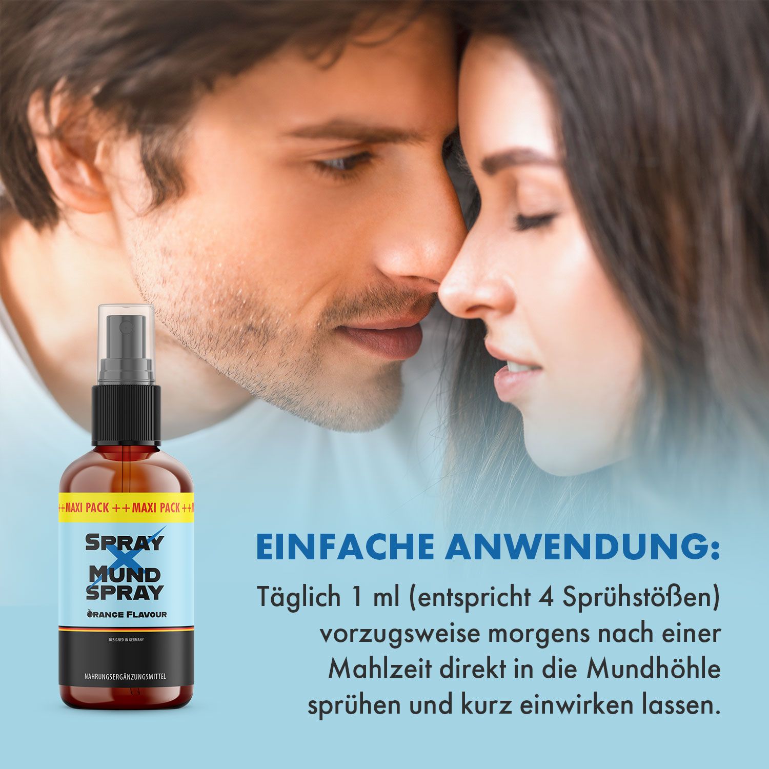 Braune Sprühflasche. Aufschrift: SPRAY X MUND SPRAY, Orange Flavour. Zwei Personen berühren sich. Text: EINFACHE ANWENDUNG.