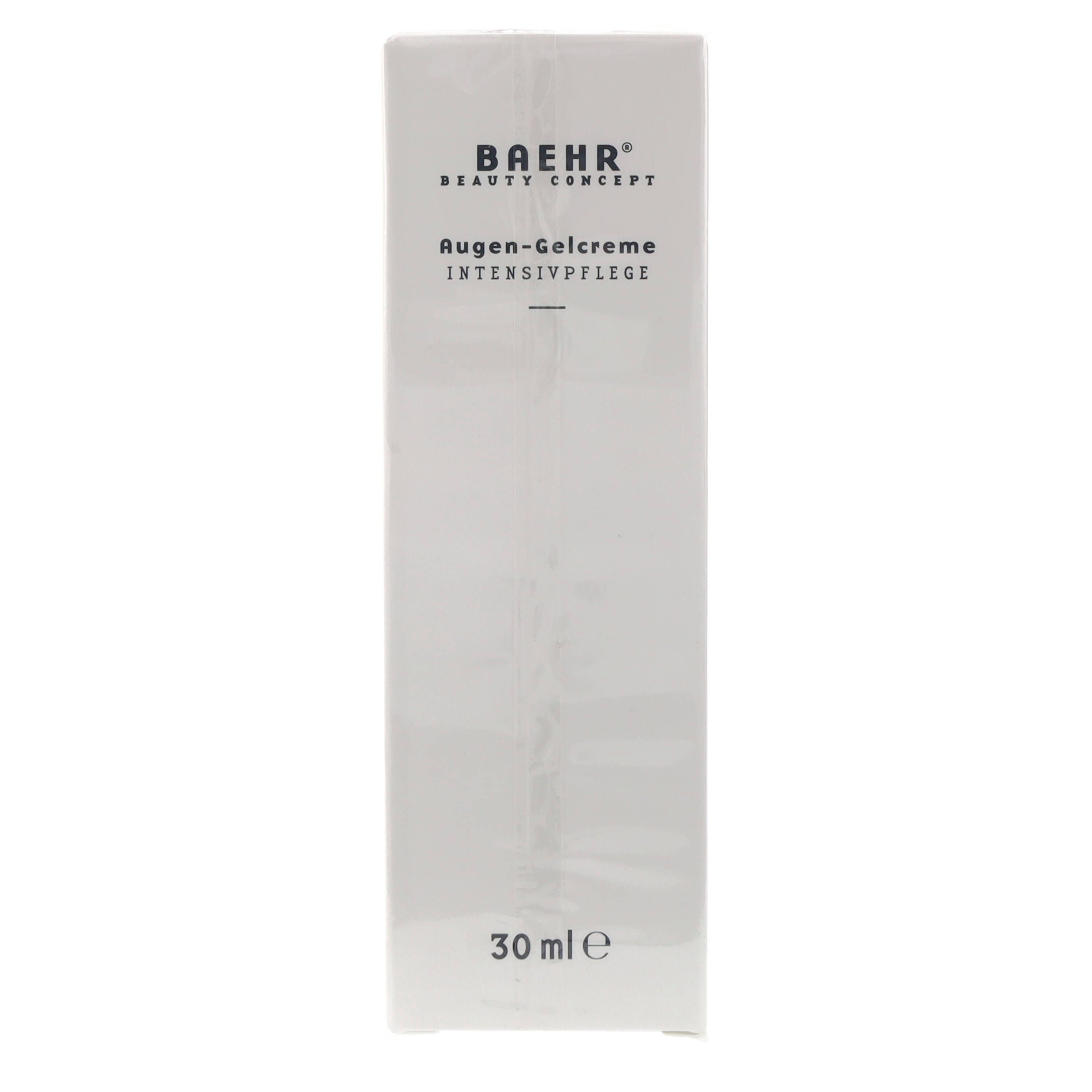 Weiße Verpackung mit Produktnamen und Logo. Text: BAEHR Beauty Concept Augen-Gelcreme. 30 ml.