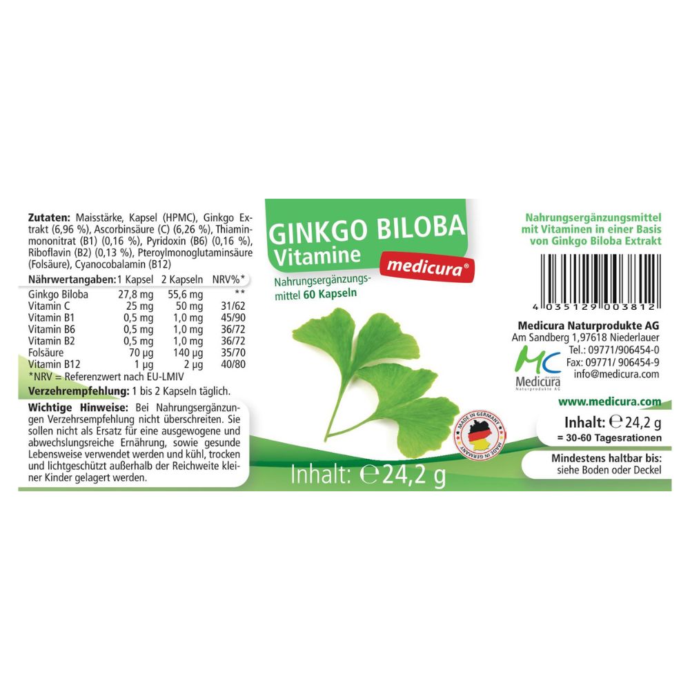 Rückseite der Verpackung: Zutatenliste und Nährwertangaben für Ginkgo Biloba Kapseln.